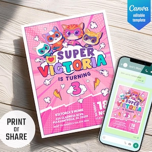 SuperKitties Einladung, druckbare bearbeitbare Super Kitties einladen, Kätzchen-Einladung Niedliche Einladung, SuperKitty-Geburtstagsfeier einladen Vorlage Bild 3