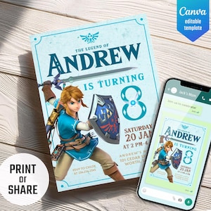 video gamer invite, digital download, birthday party, Legend of Zelda birthday invitation, Zelda Tears of the Kingdom, game on invitation