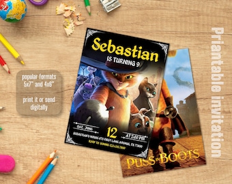 May include: Printable invitation for a 9th birthday party featuring the character Puss in Boots from the movie Puss in Boots. The invitation is black with gold accents and features a picture of Puss in Boots and other characters from the movie. The text on the invitation reads "Sebastian is turning 9" and includes the date, time, and location of the party.