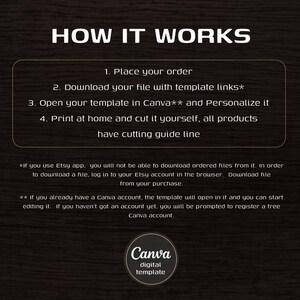 May include: A dark brown graphic with white text that reads "HOW IT WORKS." Instructions include placing an order, downloading a file, opening a template in Canva, and printing. A Canva logo is at the bottom.