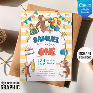 Curious George birthday invitation, Ape invite, editable template, boy 1st birthday, Curious George one bday party, printable Monkey invite