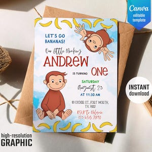 Curious George birthday invitation, Ape invite, boy 1st 2nd 3rd birthday, editable template, Curious George party, printable Monkey invite