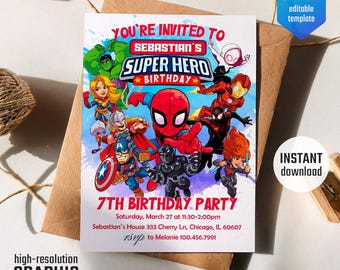 May include: A colorful invitation for a 7th birthday party with a superhero theme. The invitation features a variety of superheroes, including Spiderman, Iron Man, Captain America, and Black Panther. The text on the invitation reads "You're invited to Sebastian's Super Hero Birthday Party".