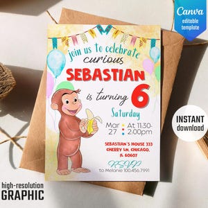 Curious George Geburtstagseinladung, druckbare Affeneinladung, Curious George Party, Affeneinladung, Junge 1.2.3. Geburtstag, bearbeitbare Vorlage