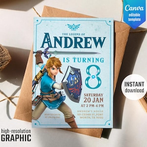 video gamer invite, digital download, birthday party, Legend of Zelda birthday invitation, Zelda Tears of the Kingdom, game on invitation