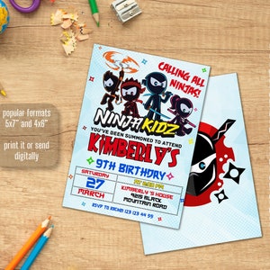 Invitación imprimible editable Ninja kidz, invitación de cumpleaños de niño niña, invitación electrónica, descarga instantánea, plantilla de invitación de cumpleaños ninja