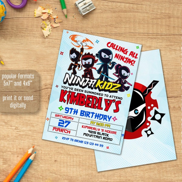 Ninja kidz editable printable Invitation, Boy Girl Birthday Invitation, Electronic invite, Instant Download, Ninja Birthday Invite template