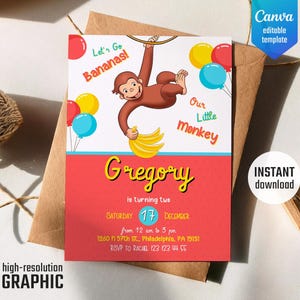 Curious George birthday invitation, Ape invite, editable template, boy 1st 2nd 3rd birthday, Curious George party, printable Monkey invite