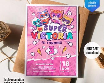 SuperKitties invitation, printable editable Super Kitties invite, Kitten Invitation Cute invite, SuperKitty Birthday Party invite template