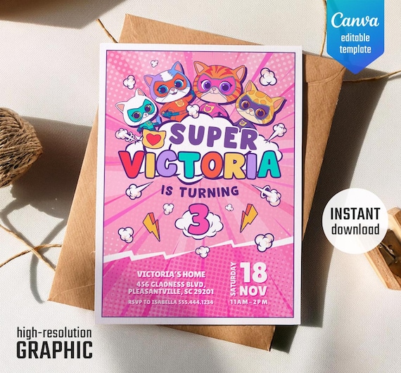 SuperKitties invitation, printable editable Super Kitties invite, Kitten Invitation Cute invite, SuperKitty Birthday Party invite template