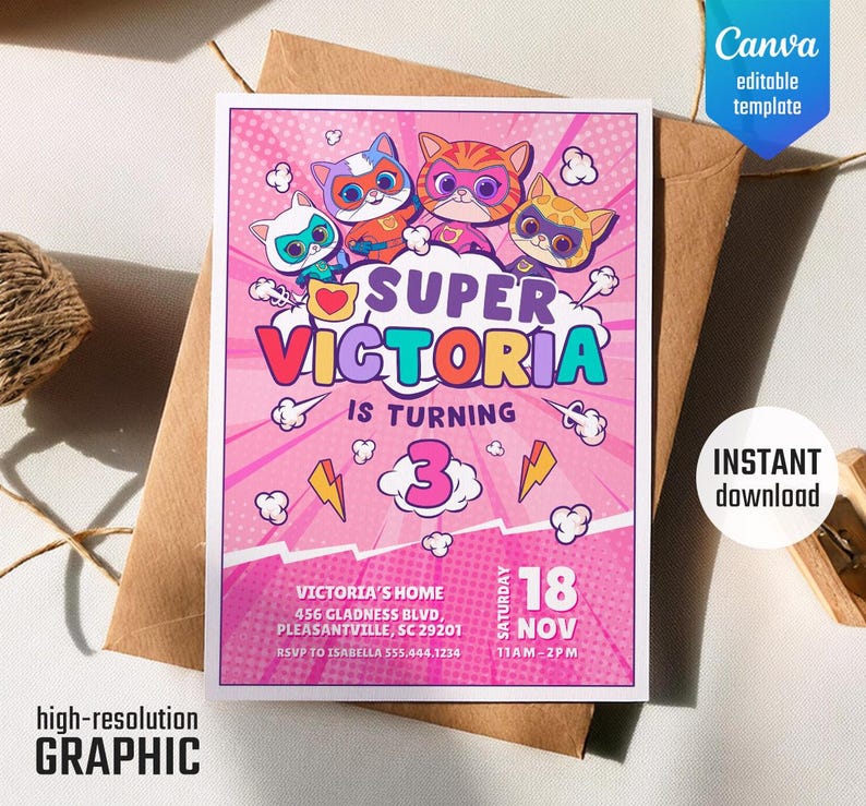 SuperKitties Einladung, druckbare bearbeitbare Super Kitties einladen, Kätzchen-Einladung Niedliche Einladung, SuperKitty-Geburtstagsfeier einladen Vorlage Bild 1