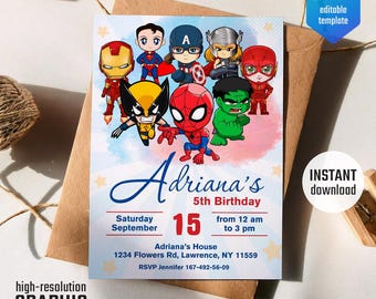 May include: A colorful birthday invitation featuring a group of superhero characters, including Spiderman, Wolverine, and Captain America. The invitation is for Adriana's 5th birthday party, which will be held on Saturday, September 15th from 12 am to 3 pm at Adriana's House, 1234 Flowers Rd, Lawrence, NY 11559. RSVP to Jennifer at 167-492-56-09.