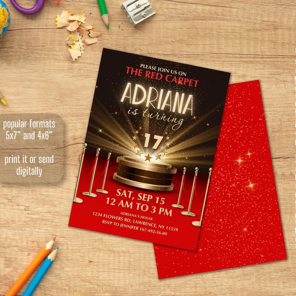 Printable Hollywood birthday invitation, Cinema invitation, editable invite template, movies party, red carpet