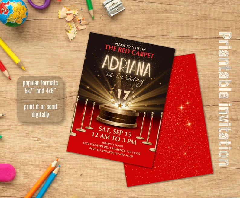 Printable Hollywood birthday invitation, Cinema invitation, editable invite template, movies party, red carpet image 1