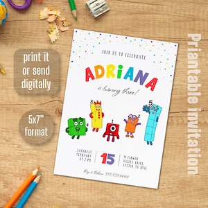 Faire-part d'anniversaire Numberblocks, invitation imprimable modifiable, invitation de fête d'anniversaire Numberblocks, apprendre les nombres premier deuxième parti