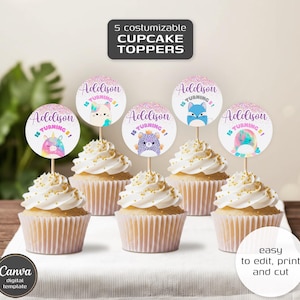 May include: Five cupcakes with white frosting and gold sprinkles, each topped with a customizable cupcake topper. The toppers feature the name "Addison" and the phrase "is turning 5!" with cute animal illustrations. The image also includes the text "5 customizable cupcake toppers" and "easy to edit, print and cut."