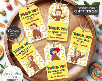 Curious George printable gift tags, birthday party thank you card, Editable Template, diy Monkey bday decorations,  party favors