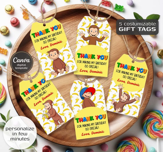 Curious George printable gift tags, birthday party thank you card, Editable Template, diy Monkey bday decorations,  party favors