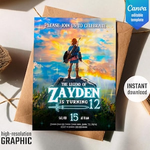 Videospieler einladen, Spiel auf Einladung, Geburtstagsparty, digitaler Download, Legend of Zelda Geburtstagseinladung, Zelda Tears of the Kingdom
