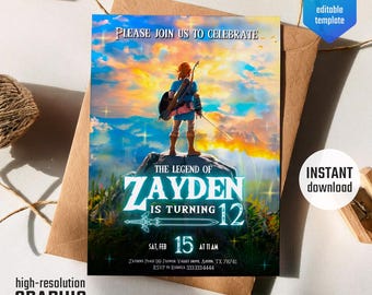 Videospieler einladen, Spiel auf Einladung, Geburtstagsparty, digitaler Download, Legend of Zelda Geburtstagseinladung, Zelda Tears of the Kingdom