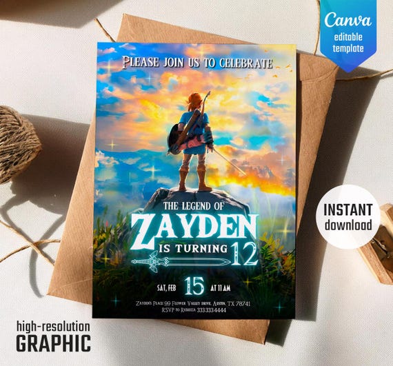 video gamer invite, game on invitation, birthday party, digital download, Legend of Zelda birthday invitation, Zelda Tears of the Kingdom