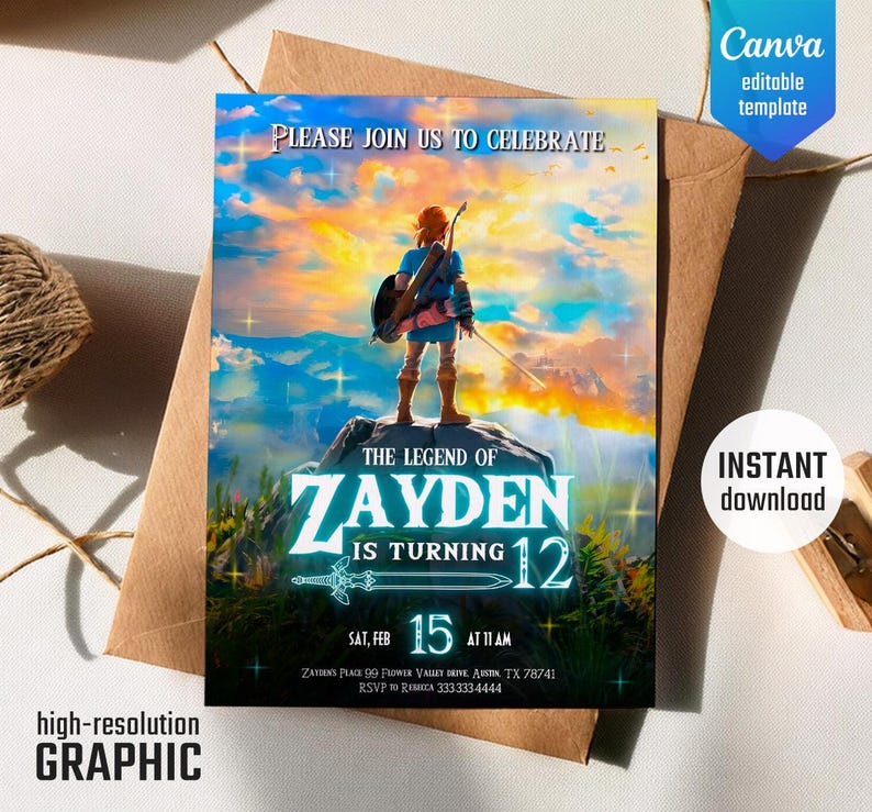 video gamer invite, game on invitation, birthday party, digital download, Legend of Zelda birthday invitation, Zelda Tears of the Kingdom image 1