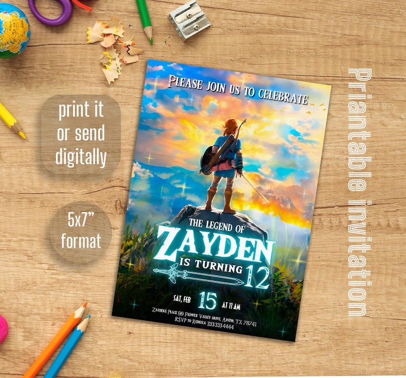video gamer invite, game on invitation, birthday party, digital download, Legend of Zelda birthday invitation, Zelda Tears of the Kingdom image 4