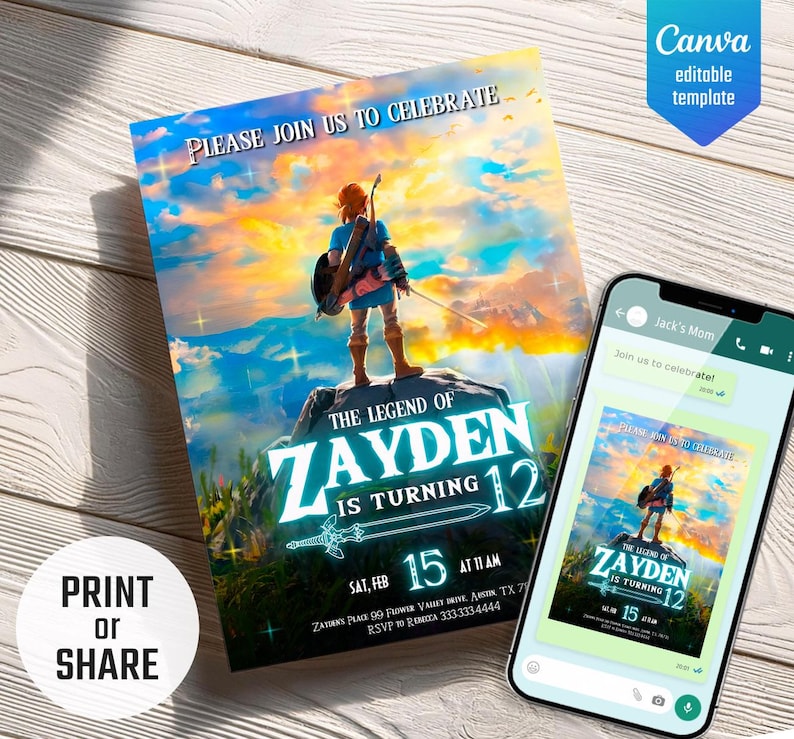 video gamer invite, game on invitation, birthday party, digital download, Legend of Zelda birthday invitation, Zelda Tears of the Kingdom image 3