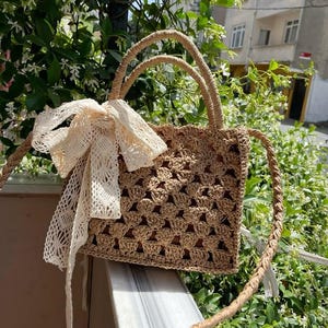 Handmade Woven Straw Bag - Boho Style Crochet Bag with Lace Ribbon - Summer Beach Shoulder Bag