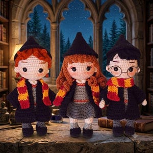 May include: Three crochet dolls representing young students in dark robes, pointed hats, and striped red and yellow scarves. The dolls feature yarn hair in red, brown, and black, with one doll wearing round glasses and a lightning bolt mark on the forehead.