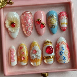 Picnic Summer Vibe Press On Nails,Gingham Picnic Press On Nails | 3D Cherry & Croissant Nail Art | 3D Fruit and Floral Nail Art