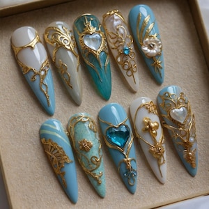 3D Aurora Long Stiletto Fake Nail | Goth Gothic Reusable Nails | Trendy Y2K Handpainted False Nail