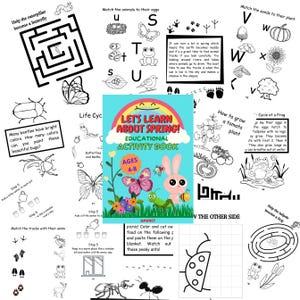 Puede incluir: Un libro de actividades educativas titulado "¡Aprendamos sobre la primavera!" para niños de 4 a 8 años, con una portada colorida con un arcoíris, un conejito, una mariposa e ilustraciones de insectos. El libro incluye varias actividades temáticas de primavera.