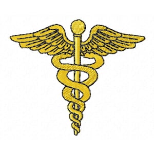 May include: A gold-colored Caduceus symbol, featuring a staff entwined by two snakes and topped with wings. The medical emblem is set against a white background, with detailed embroidery.