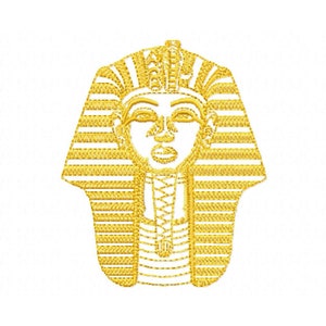 May include: A gold outline of the mask of King Tut, an Egyptian pharaoh, with a detailed design of the face and headdress.