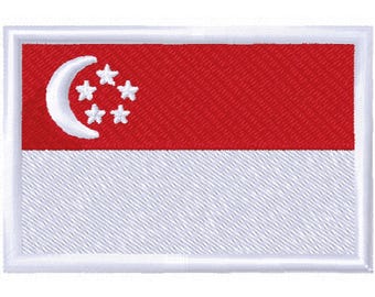 May include: Embroidered patch featuring the flag of Singapore. The rectangular patch has a white border. The top half is red with a white crescent moon and five stars. The bottom half is white.