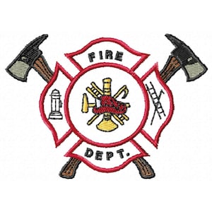 Feuerwehr Malteserkreuz mit Feuerwehraxt Abzeichen Digitale Stickerei Design (kleine Größe)