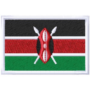 May include: Embroidered patch featuring the flag of Kenya. The rectangular patch has a black top stripe, a red middle stripe, and a green bottom stripe. A white-bordered shield and spears are centered on the flag.