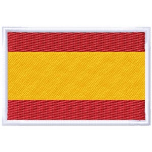Puede incluir: Parche bordado con la bandera de España. El parche rectangular, con borde blanco, muestra las franjas horizontales rojas y amarillas de la bandera española. El parche está diseñado para su aplicación en ropa o accesorios.
