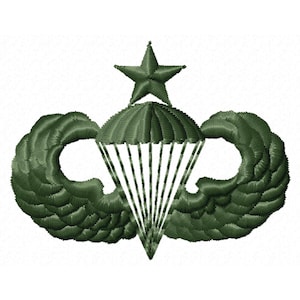 May include: Embroidered patch featuring a green parachute design with a star at the top and wings on either side. The patch is detailed with white parachute cords and a textured appearance, suitable for military or aviation-themed projects.