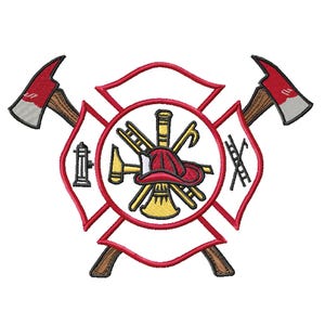 May include: Embroidered firefighter emblem featuring a red Maltese cross with a central circle containing a helmet, ladder, and other tools. Two axes with red blades and brown handles are crossed behind the emblem, set against a white background.