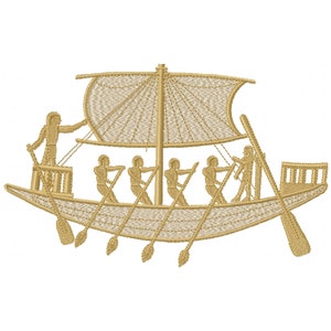 May include: A gold embroidered image of an ancient Egyptian boat with a sail and rowers. The boat is depicted in a stylised manner, with the rowers standing and holding oars.