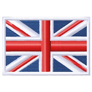 Könnte beinhalten: Ein gestickter Aufnäher mit der Union Jack Flagge in den Farben Rot, Weiß und Blau.