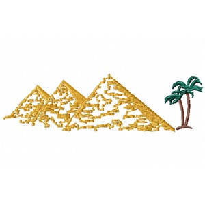 May include: An embroidered design of three golden pyramids with a green palm tree to the right.