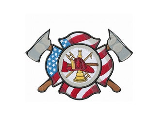 Fire Department US Flag Maltese Cross with Firefighter Axes Digital Embroidery Design