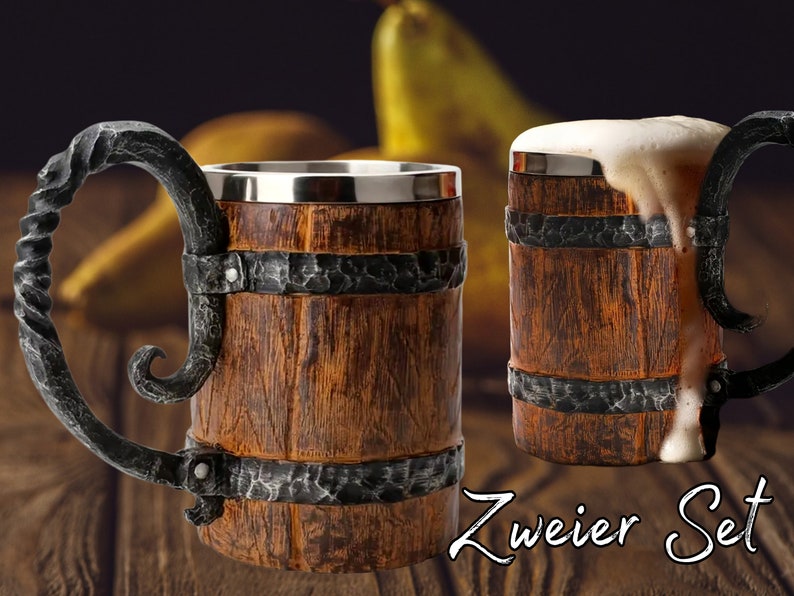 Handmade Viking beer mug in a set of 2 600ml The perfect gift for men to toast with friends on a birthday or Father's Day image 1