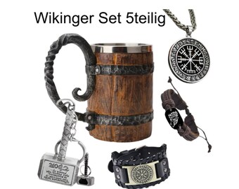 Wikinger Set 5teilig, aus Bierkrug, Flaschenöffner, zwei Lederarmbändern breit und schmal und einer Kette mit Medaillon für Mittelalterfans