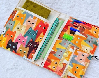 Cats lover Double Book Sleeve with Pockets, Journal and Organizer, Reading Accessories, Pencil Pouch A5 Notebook, Book purse, Cat Lover Gift