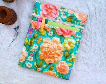 Floral Book Sleeve, A5 Organizer Case, Floral Kindle Cover, Book case with Pockets, Book Lover Gift, iPad Pro Mini Pouch, Handmade Cover