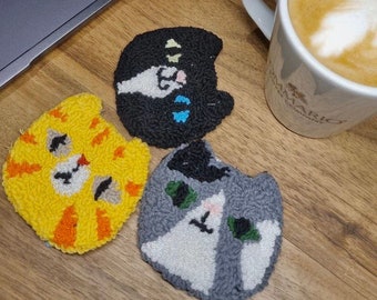 Katzen-Punschnadel-Untersetzer 3er-Set, handgemachter Becherteppich, Getränkeuntersetzer, Geschenke für Katzenliebhaber, Tassenkollektion
